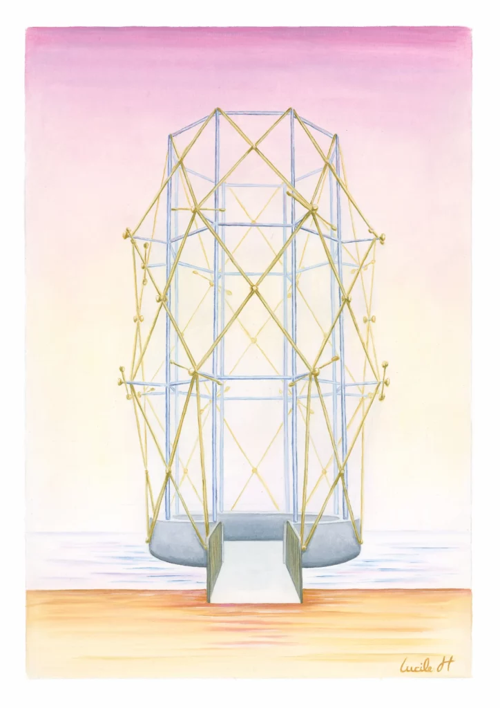Structure métallique sur une plateforme en béton vue de face qui brille dans l'aurore