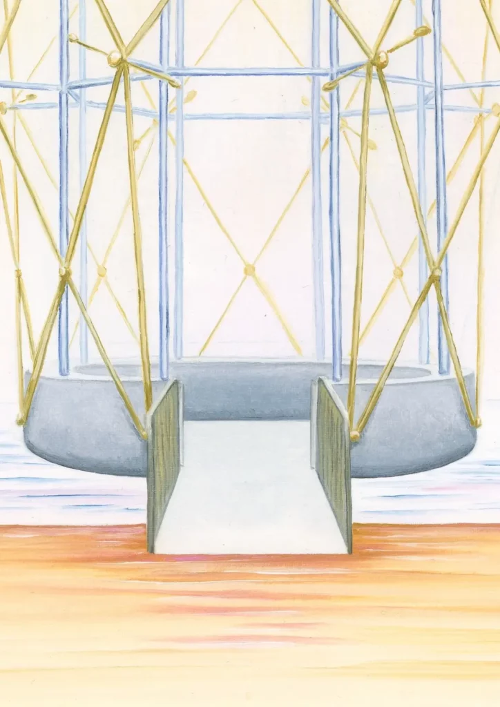 Structure métallique sur une plateforme en béton vue de face qui brille dans l'aurore