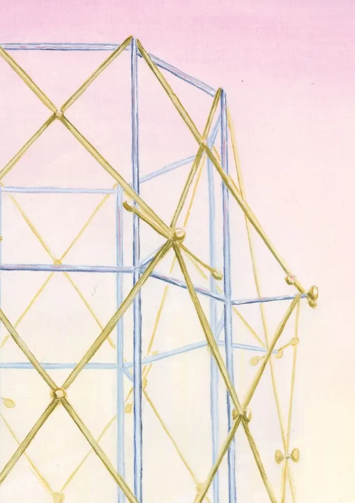 Structure métallique sur une plateforme en béton vue de face qui brille dans l'aurore