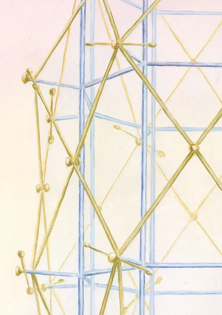 Structure métallique sur une plateforme en béton vue de face qui brille dans l'aurore