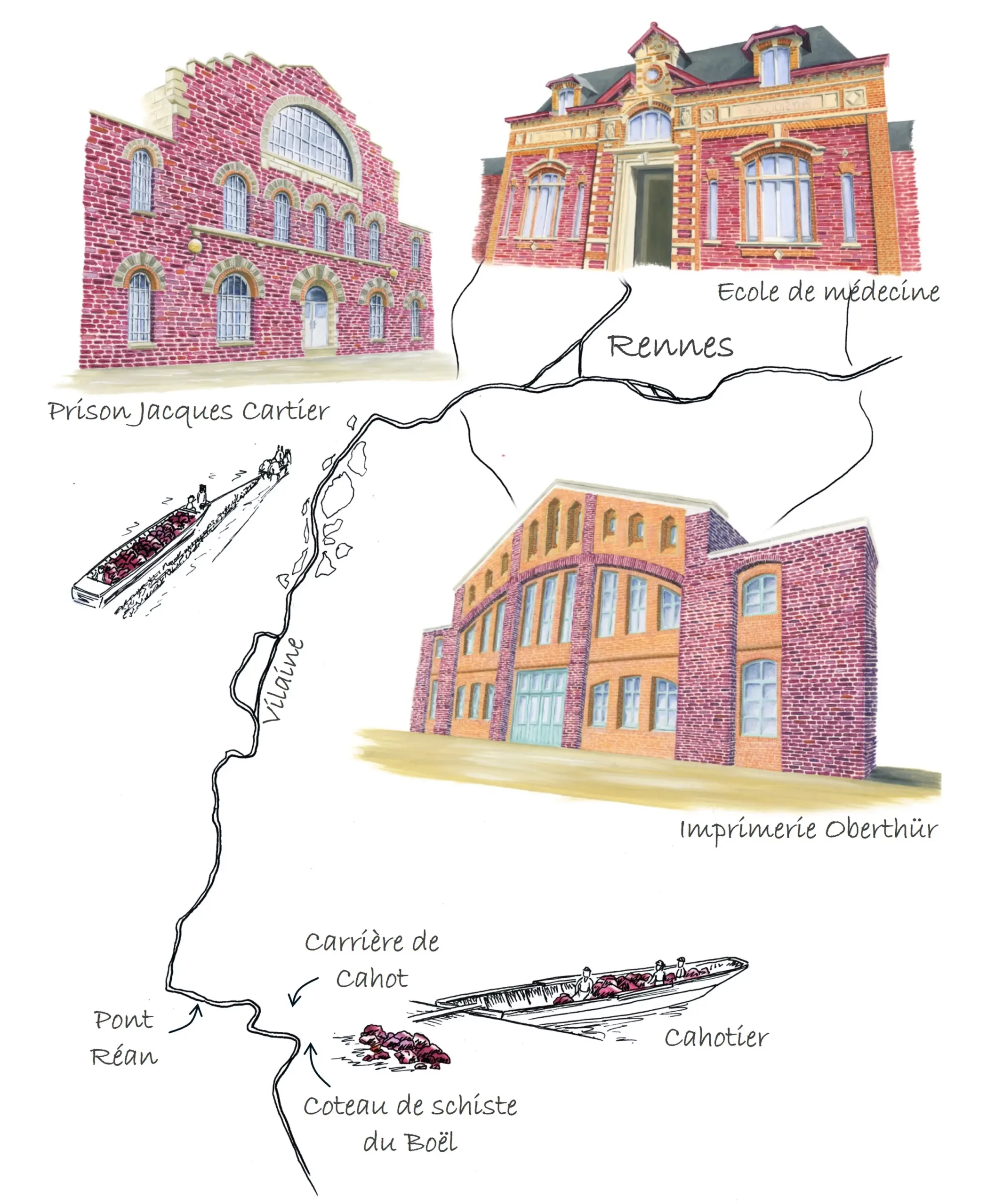 Cartographie illustrée du parcours du schiste rouge sur la Vilaine
