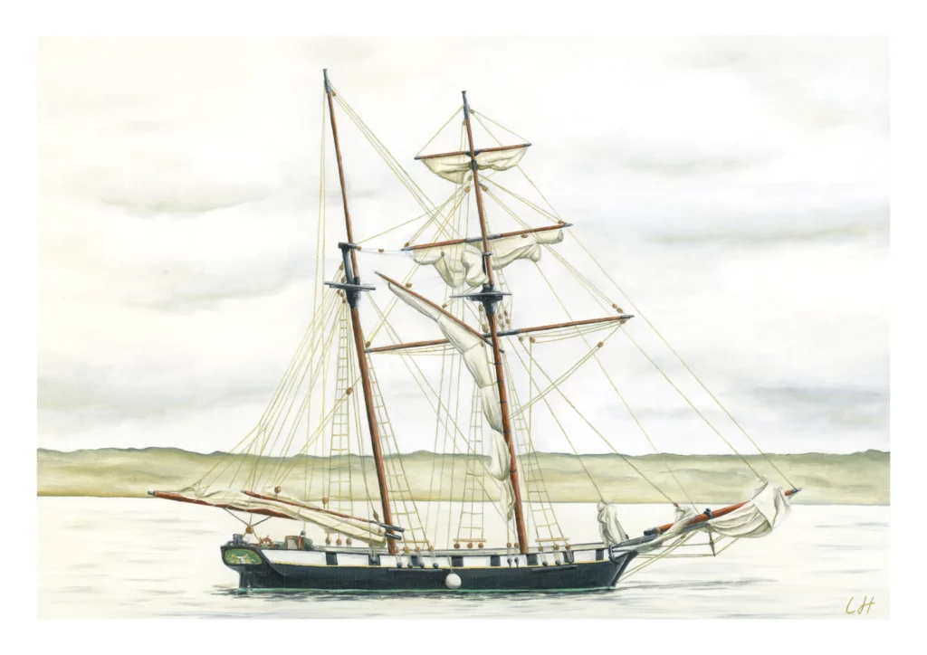 Peinture à l'huile du voilier la Recouvrance de côté