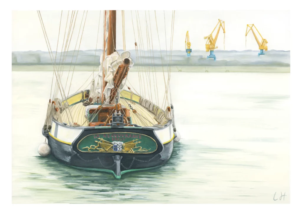 Peinture à l'huile du voilier la Recouvrance vu de la poupe