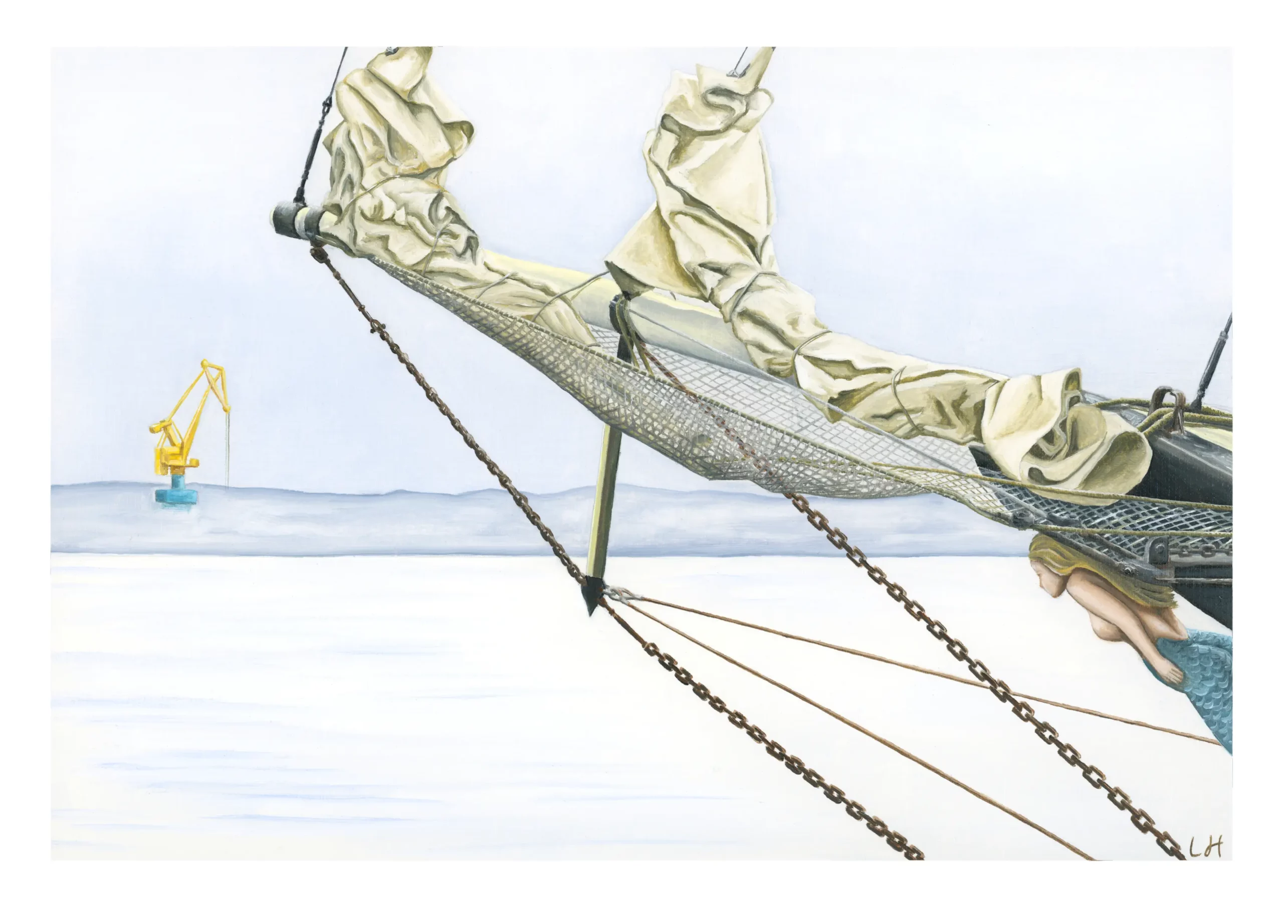 Peinture à l'huile des voiles avant du voilier Thalassa et la sirène à sa proue.